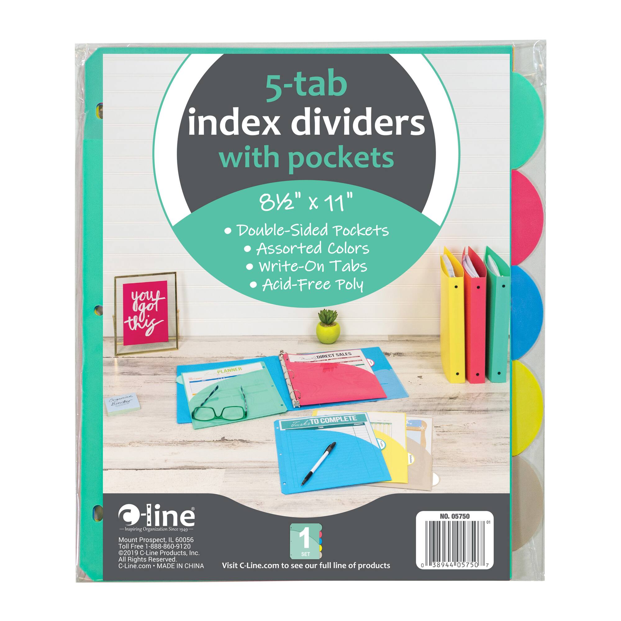 C-Line® 8.5" x 11" Assorted Color 5-Tab Poly Index Dividers with Slant Pocket, 6 Packs of 5